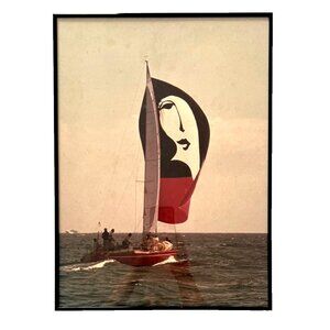 Vintage ART DECO Sailboat Photo Framed Lady Face Sail 18"H x 13"W Photograph